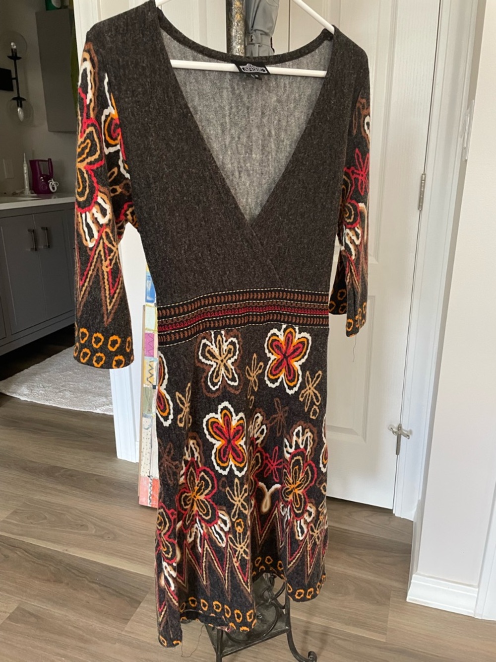 Angie Dark Brown Floral V-Neck Knit Dress with Multicolor Embroidery